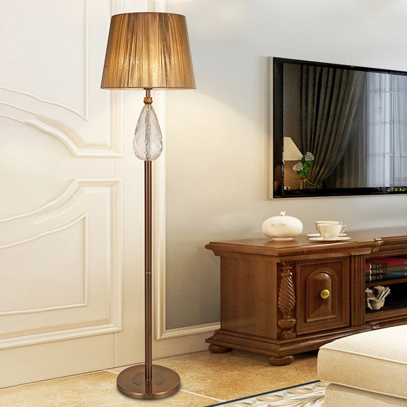 1 lichte vloerleeslamp Countryside Teardrop Crystal staande lamp beige met stoffen kap Clearhalo