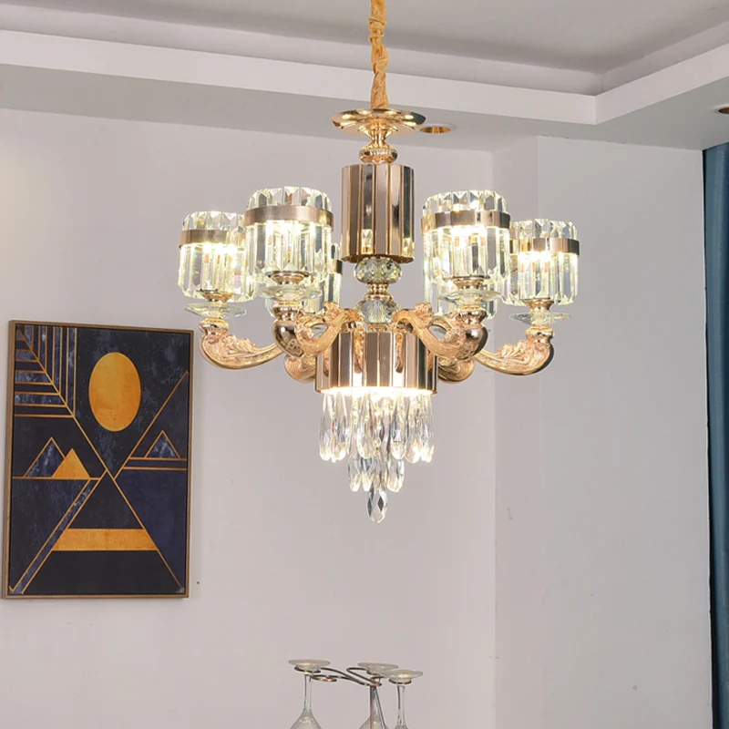 6/8 lichten cilinder kroonluchter verlichting moderne gouden kristallen plafond hanglamp boven tafel Clearhalo