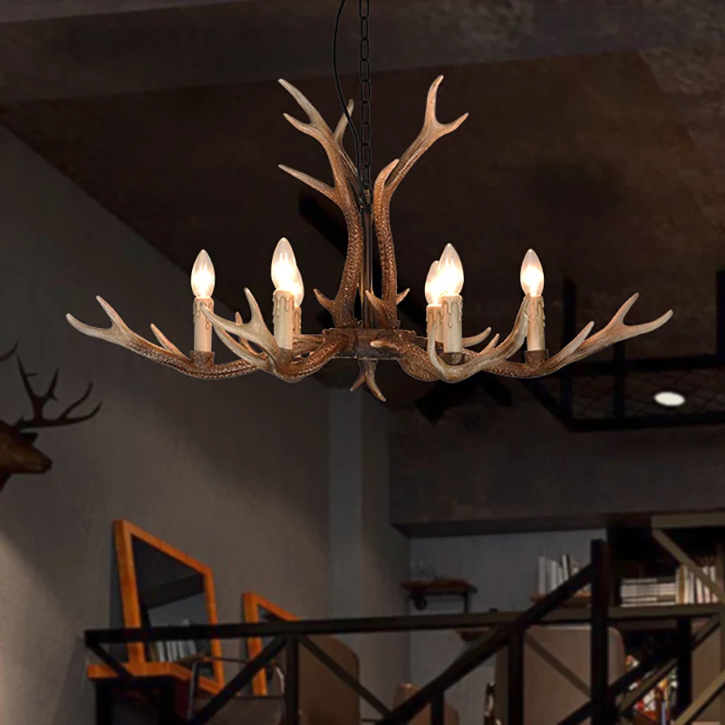 6/8 lichten gewei plafondkroonluchter rustiek kaki hars hanglamp voor restaurant Clearhalo
