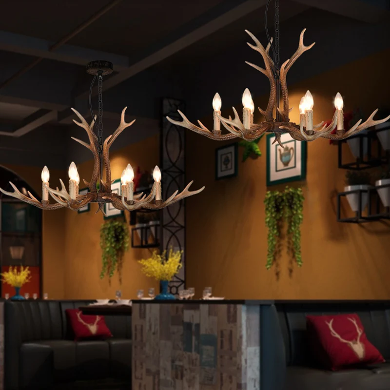 6/8 lichten gewei plafondkroonluchter rustiek kaki hars hanglamp voor restaurant Clearhalo