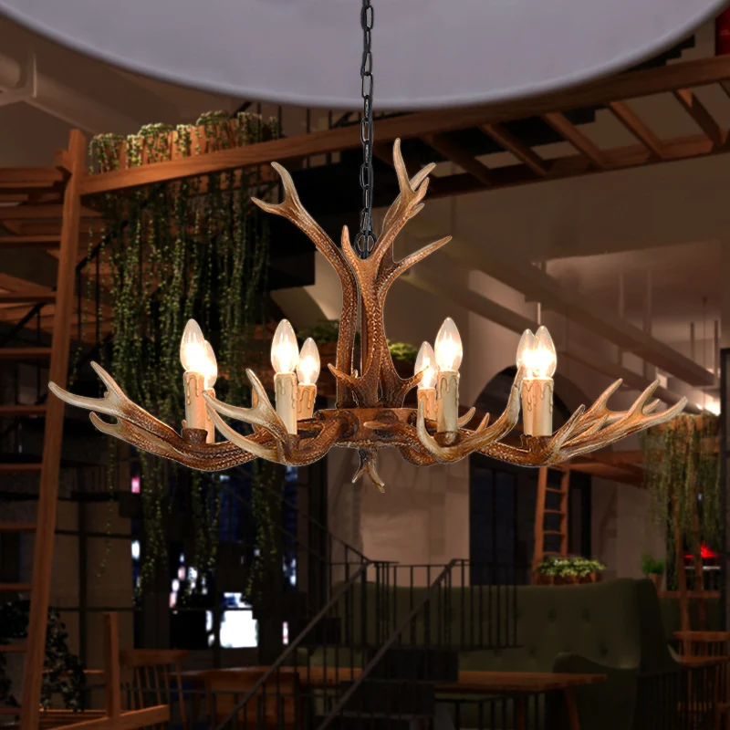 6/8 lichten gewei plafondkroonluchter rustiek kaki hars hanglamp voor restaurant Clearhalo