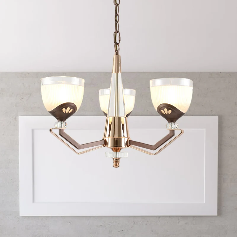 3/6 Lichten Kom Hangende Kroonluchter Vintage Koffie Afwerking Wit Geribbeld Glazen Hanglamp Armatuur Clearhalo