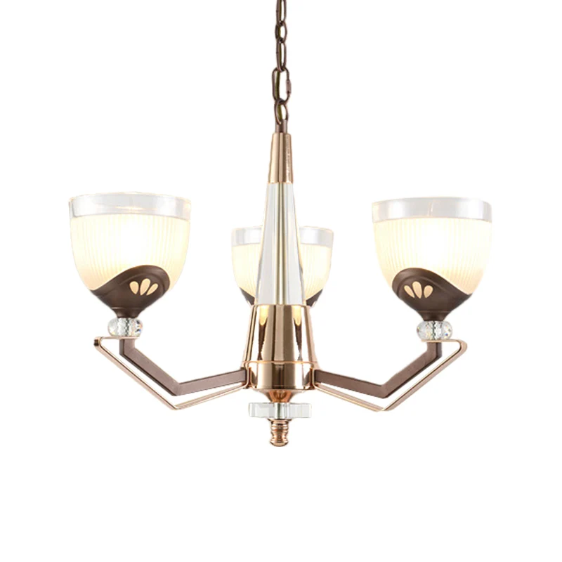 3/6 Lichten Kom Hangende Kroonluchter Vintage Koffie Afwerking Wit Geribbeld Glazen Hanglamp Armatuur Clearhalo