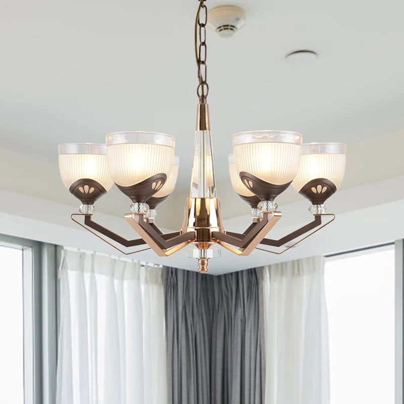 3/6 Lichten Kom Hangende Kroonluchter Vintage Koffie Afwerking Wit Geribbeld Glazen Hanglamp Armatuur Clearhalo