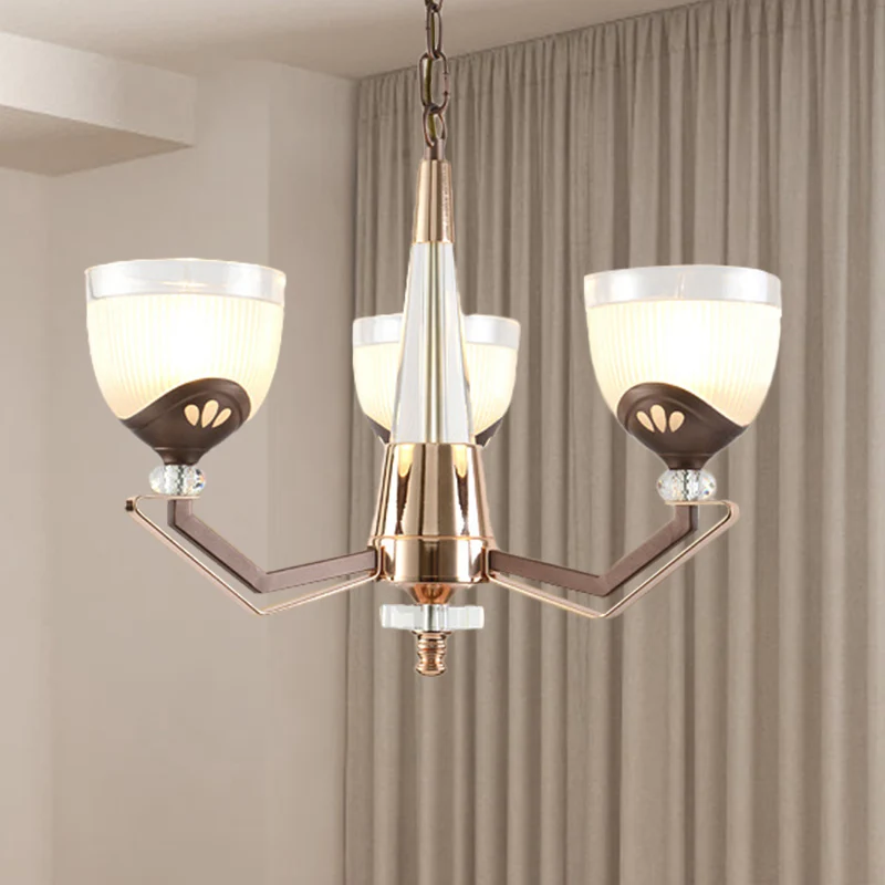 3/6 Lichten Kom Hangende Kroonluchter Vintage Koffie Afwerking Wit Geribbeld Glazen Hanglamp Armatuur Clearhalo