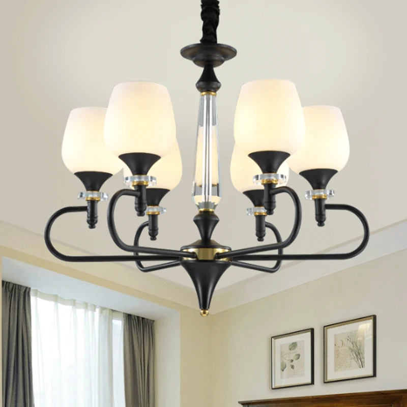 3/6 lichten opaalglas hangende kroonluchter traditionele matzwarte kegel woonkamer hanglamp Clearhalo