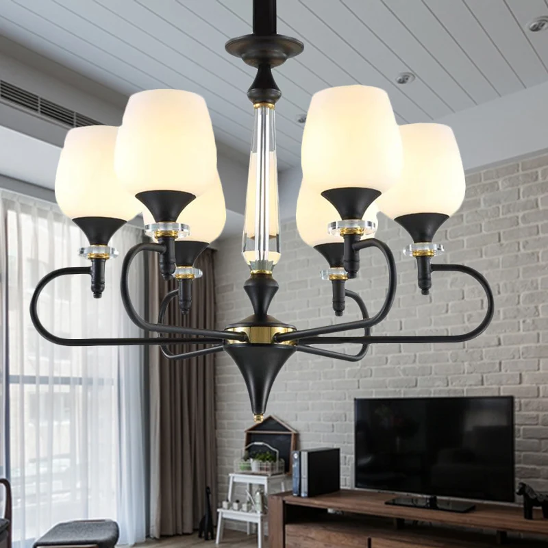 3/6 lichten opaalglas hangende kroonluchter traditionele matzwarte kegel woonkamer hanglamp Clearhalo