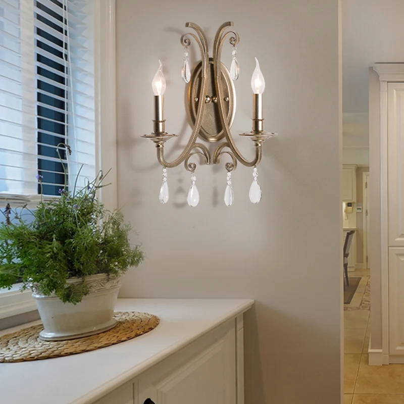 1/2 Lichten Wandlamp Verlichting Landelijk Gebogen Arm Metalen Schans Lichtarmatuur Champagne met Kristaldecoratie Clearhalo