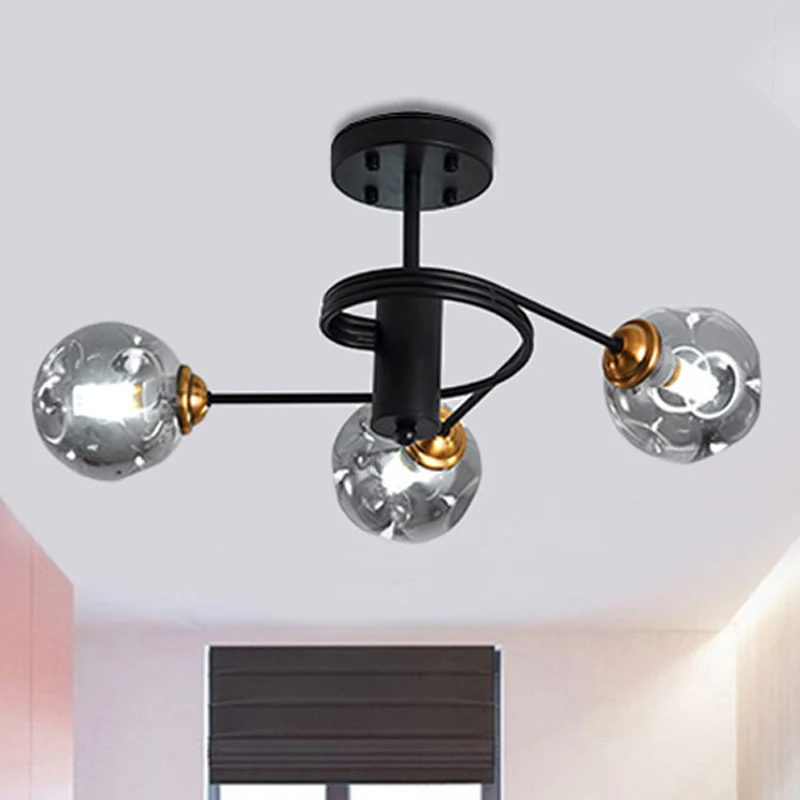 3/5 lichten woonkamer semi-inbouw met bal amber/rook ingedeukt geblazen glazen kap modernistische zwarte semi-inbouw plafo...