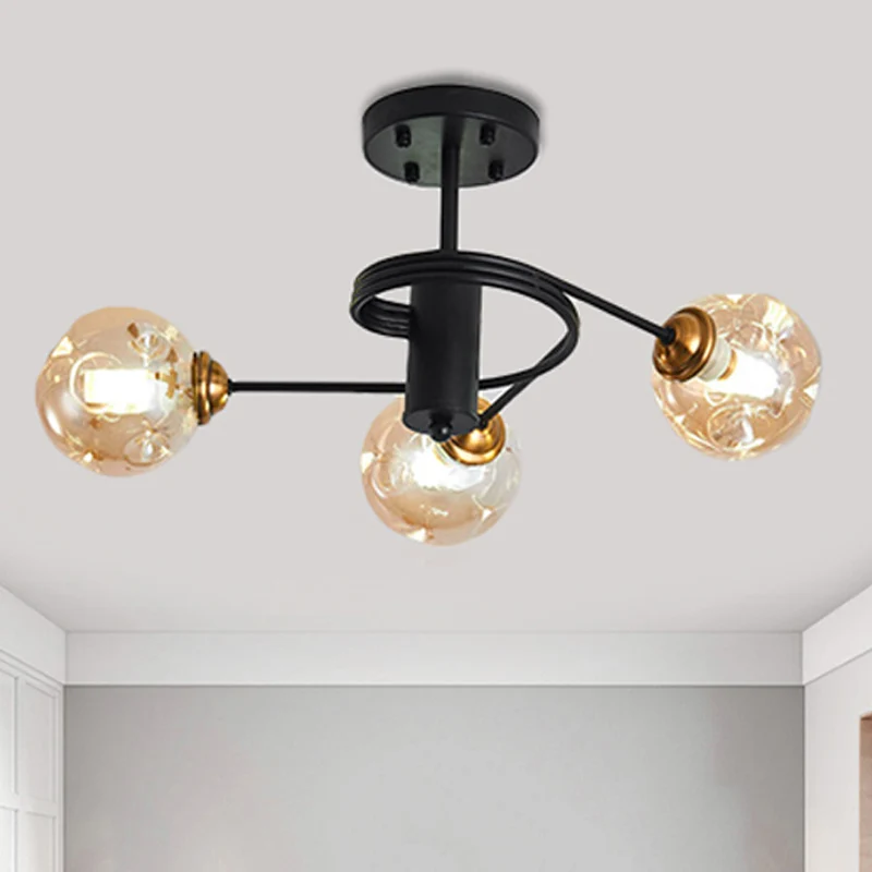 3/5 lichten woonkamer semi-inbouw met bal amber/rook ingedeukt geblazen glazen kap modernistische zwarte semi-inbouw plafo...