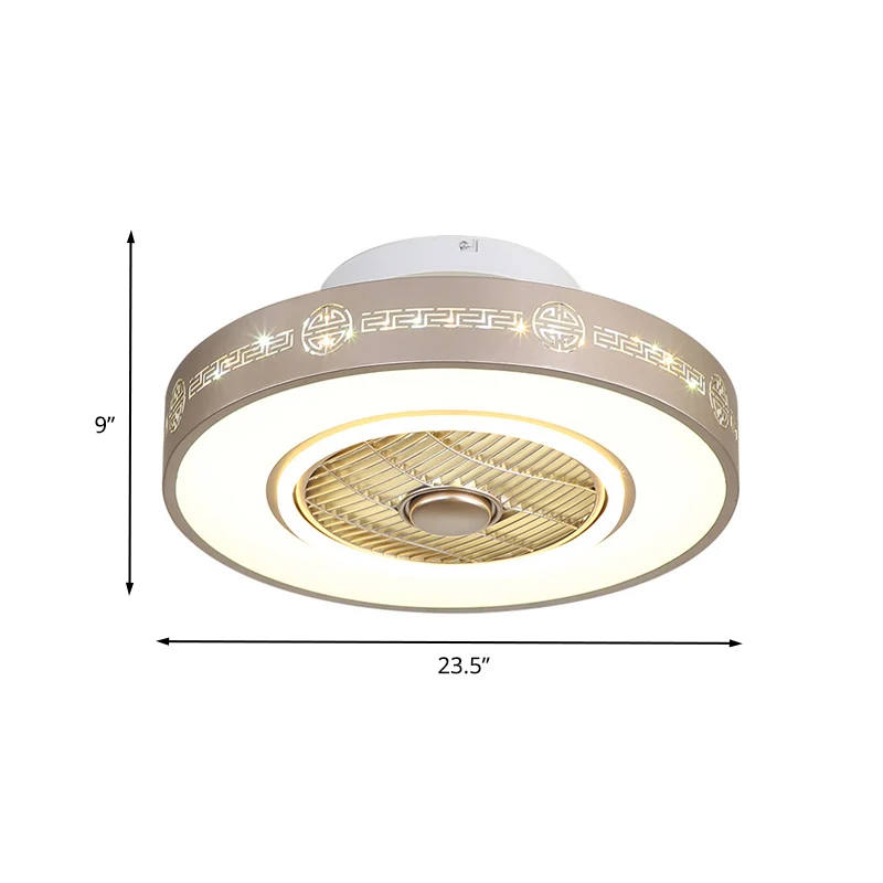 Lichtgouden drum semi-inbouw minimalistisch metallic 19,5"/23,5" brede LED-slaapkamer hangende ventilatorlamp met acrylkap...