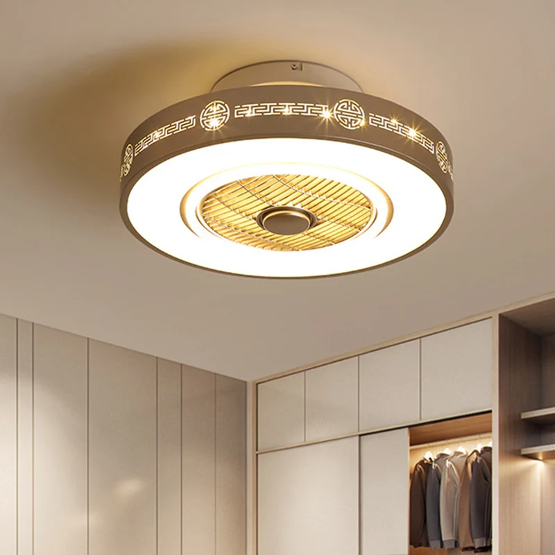 Lichtgouden drum semi-inbouw minimalistisch metallic 19,5"/23,5" brede LED-slaapkamer hangende ventilatorlamp met acrylkap...