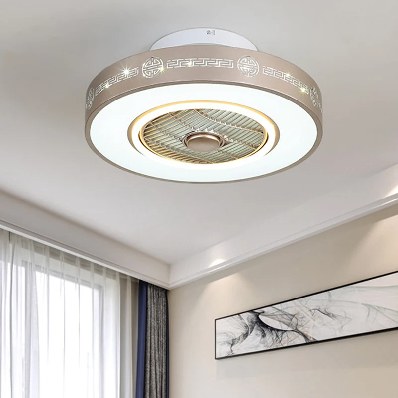 Lichtgouden drum semi-inbouw minimalistisch metallic 19,5"/23,5" brede LED-slaapkamer hangende ventilatorlamp met acrylkap...