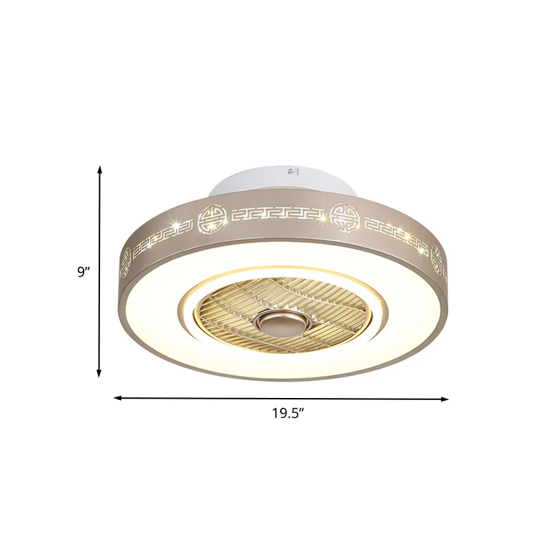 Lichtgouden drum semi-inbouw minimalistisch metallic 19,5"/23,5" brede LED-slaapkamer hangende ventilatorlamp met acrylkap...