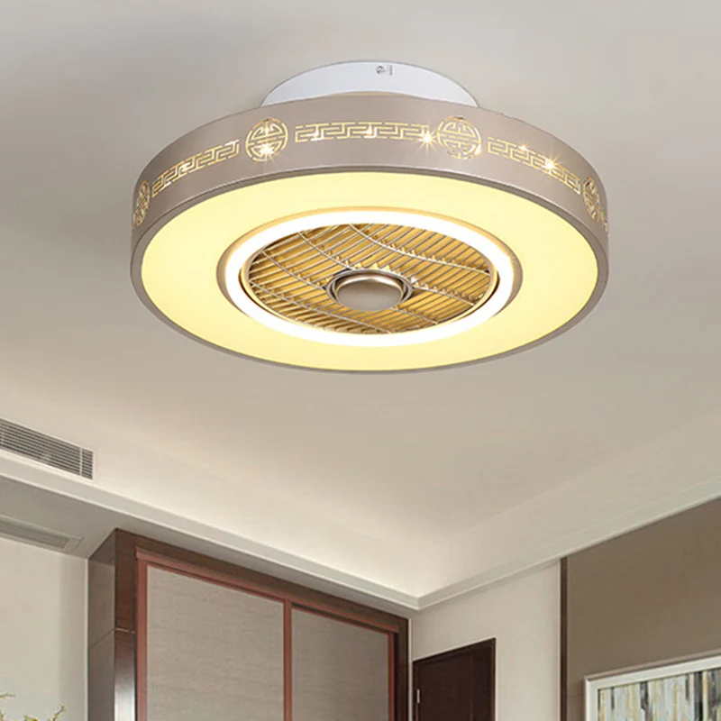 Lichtgouden drum semi-inbouw minimalistisch metallic 19,5"/23,5" brede LED-slaapkamer hangende ventilatorlamp met acrylkap...