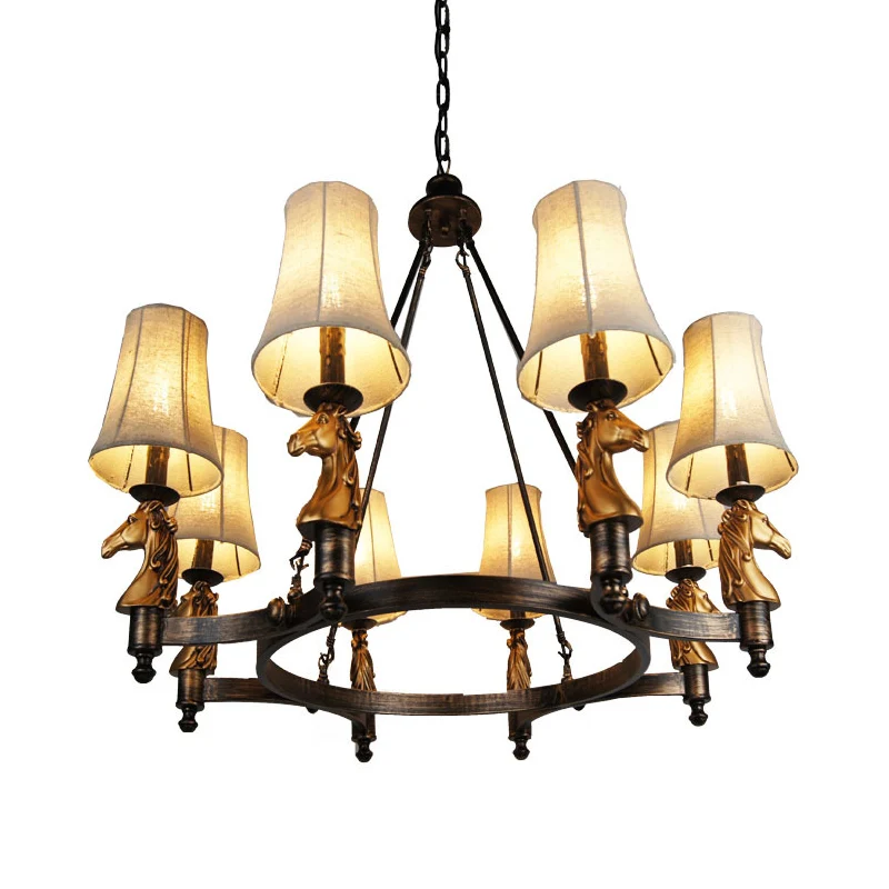 6/8 lichts hanglamp landelijk taps toelopende stoffen kroonluchter verlichtingsarmatuur wit voor eetkamer met paardenkop d...