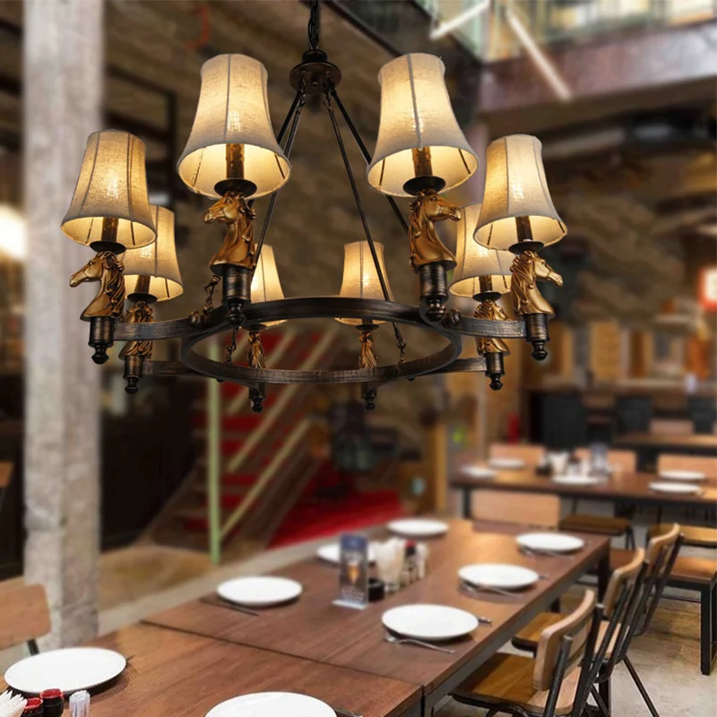 6/8 lichts hanglamp landelijk taps toelopende stoffen kroonluchter verlichtingsarmatuur wit voor eetkamer met paardenkop d...