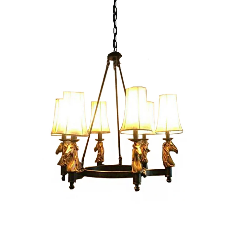 6/8 lichts hanglamp landelijk taps toelopende stoffen kroonluchter verlichtingsarmatuur wit voor eetkamer met paardenkop d...