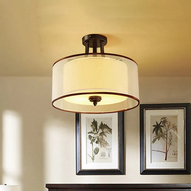 3/5 lichts semi-inbouw klassieke stijl dubbele trommelschaduw stoffen plafondmontage armatuur zwart, 16"/19,5" breed Clear...