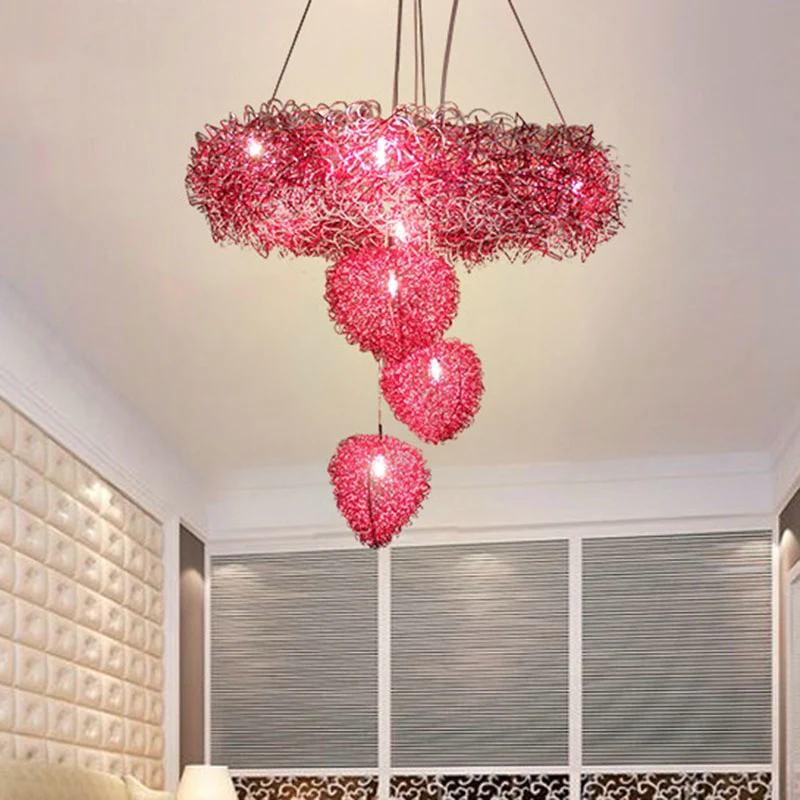 Liefdevolle hart hanger kroonluchter Scandinavische stijl metaaldraad 7 koppen roze rode slingerverlichting Clearhalo