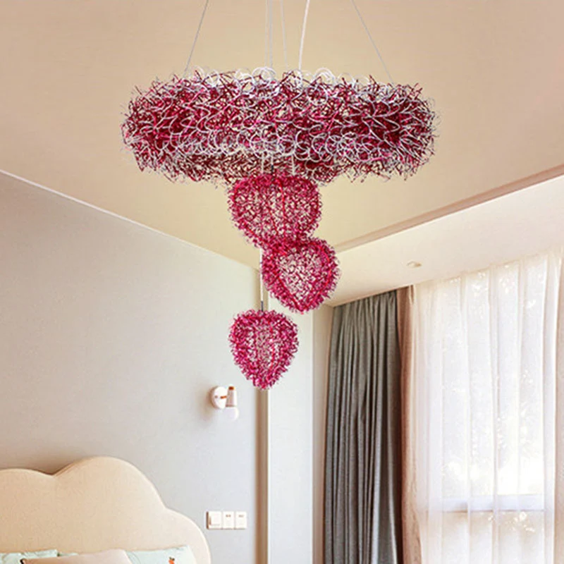 Liefdevolle hart hanger kroonluchter Scandinavische stijl metaaldraad 7 koppen roze rode slingerverlichting Clearhalo