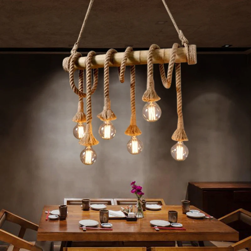 Lineaire Bar Eilandverlichting Landelijke Henneptouw 6 Lampen Bruine Hanglamp met Bamboestok Clearhalo