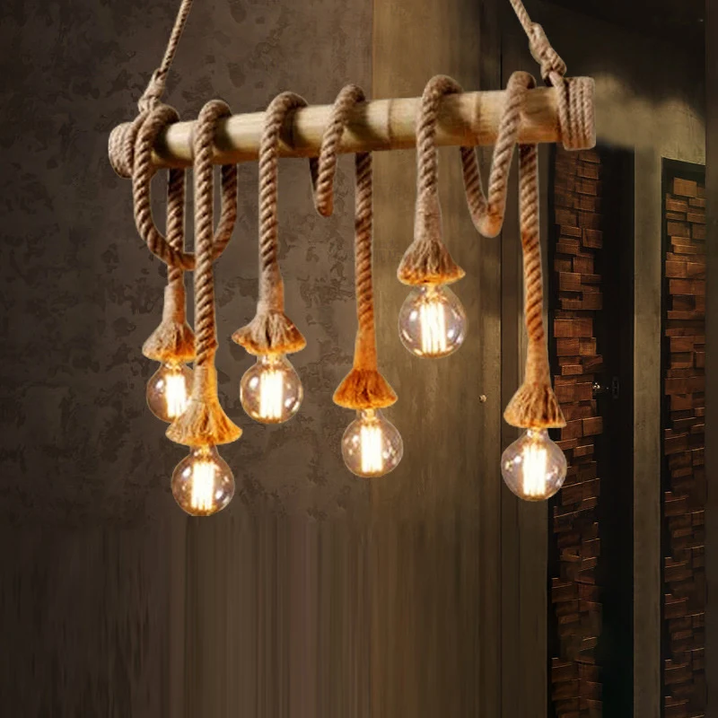 Lineaire Bar Eilandverlichting Landelijke Henneptouw 6 Lampen Bruine Hanglamp met Bamboestok Clearhalo