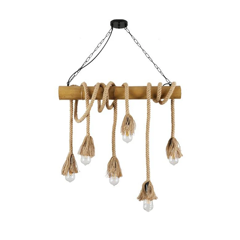 Lineaire Bar Eilandverlichting Landelijke Henneptouw 6 Lampen Bruine Hanglamp met Bamboestok Clearhalo