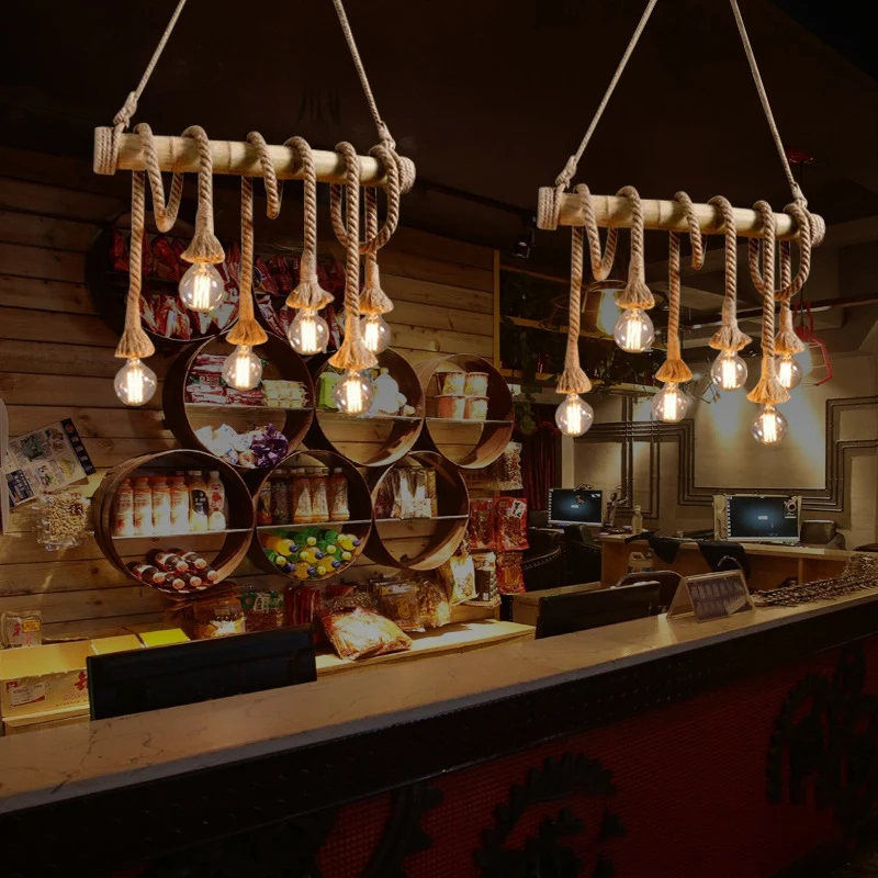 Lineaire Bar Eilandverlichting Landelijke Henneptouw 6 Lampen Bruine Hanglamp met Bamboestok Clearhalo
