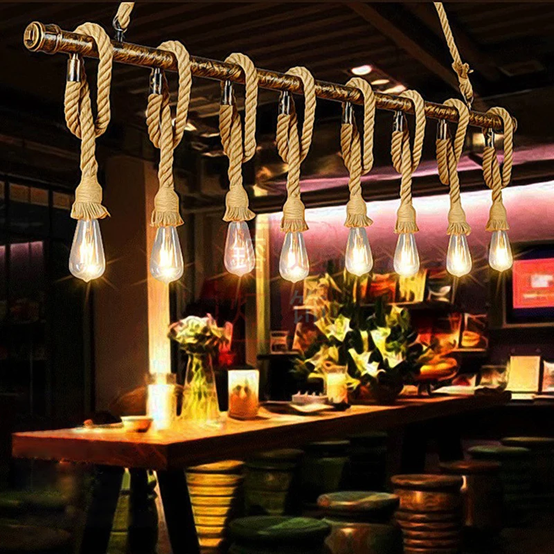 Lineaire Bar Island-verlichtingsarmatuur Industrieel Henneptouw Bronzen Afwerking Hanglamp Clearhalo