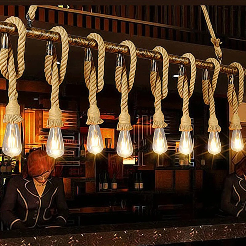 Lineaire Bar Island-verlichtingsarmatuur Industrieel Henneptouw Bronzen Afwerking Hanglamp Clearhalo