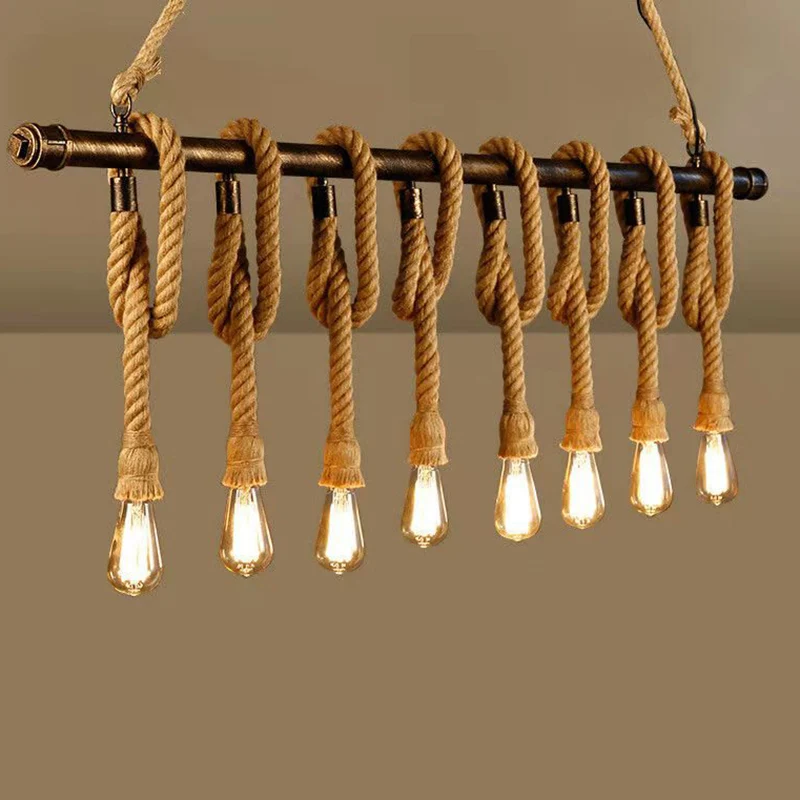 Lineaire Bar Island-verlichtingsarmatuur Industrieel Henneptouw Bronzen Afwerking Hanglamp Clearhalo