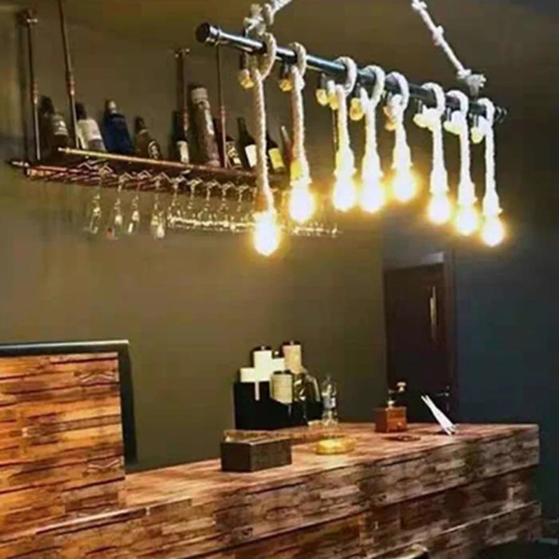 Lineaire Bar Island-verlichtingsarmatuur Industrieel Henneptouw Bronzen Afwerking Hanglamp Clearhalo