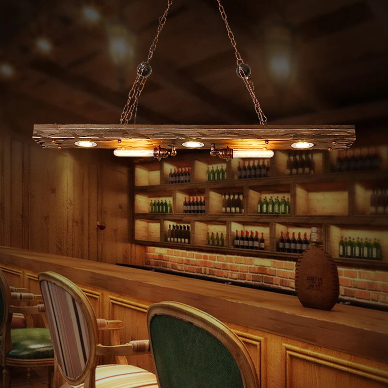 Lineaire hanglamp met houten plank 5-lichts rustieke eiland-hanglamp voor restaurant Clearhalo