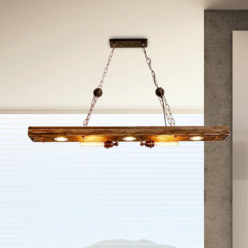 Lineaire hanglamp met houten plank 5-lichts rustieke eiland-hanglamp voor restaurant Clearhalo