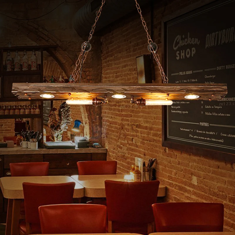 Lineaire hanglamp met houten plank 5-lichts rustieke eiland-hanglamp voor restaurant Clearhalo