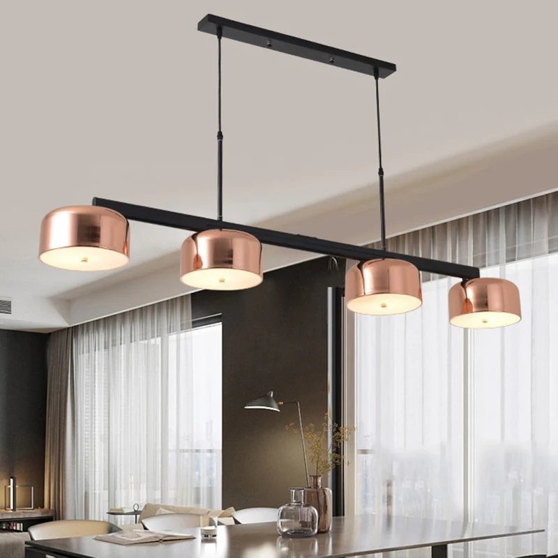 Lineaire kroonluchter met 4 koppen, retrostijl, koperen afwerking, metalen plafondarmatuur met verstelbaar snoer Clearhalo