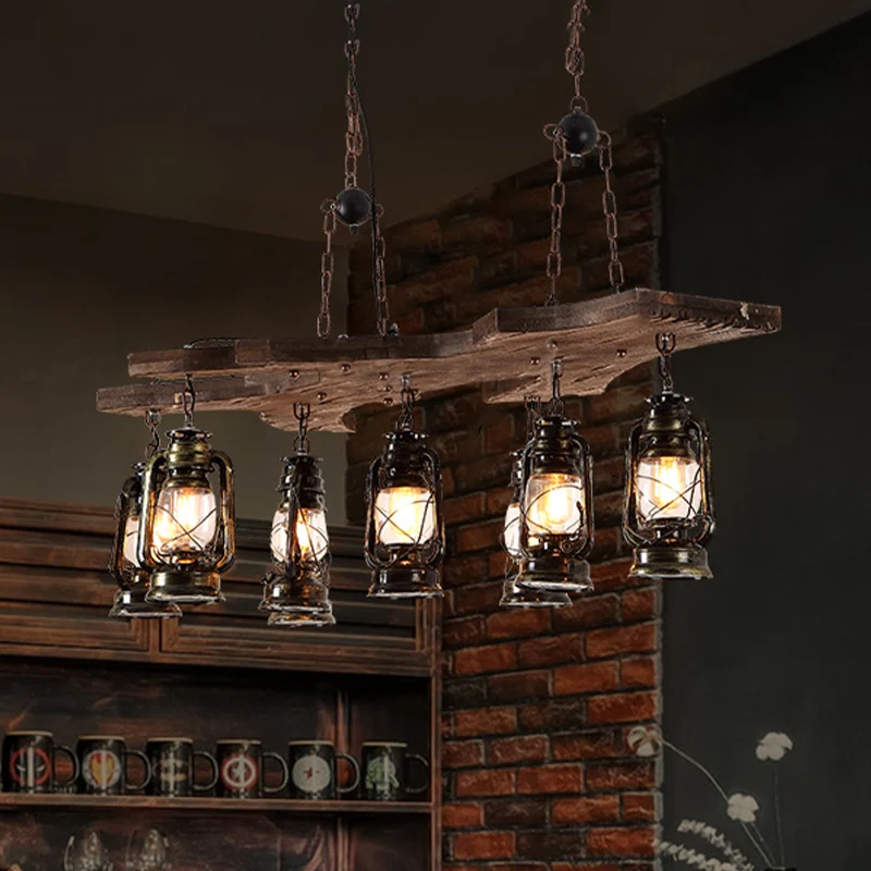 Lineaire kroonluchterlamp met lantaarnkap Industrieel metaal 8-lichts eilandverlichting antiek messing Clearhalo