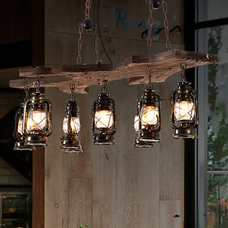 Lineaire kroonluchterlamp met lantaarnkap Industrieel metaal 8-lichts eilandverlichting antiek messing Clearhalo