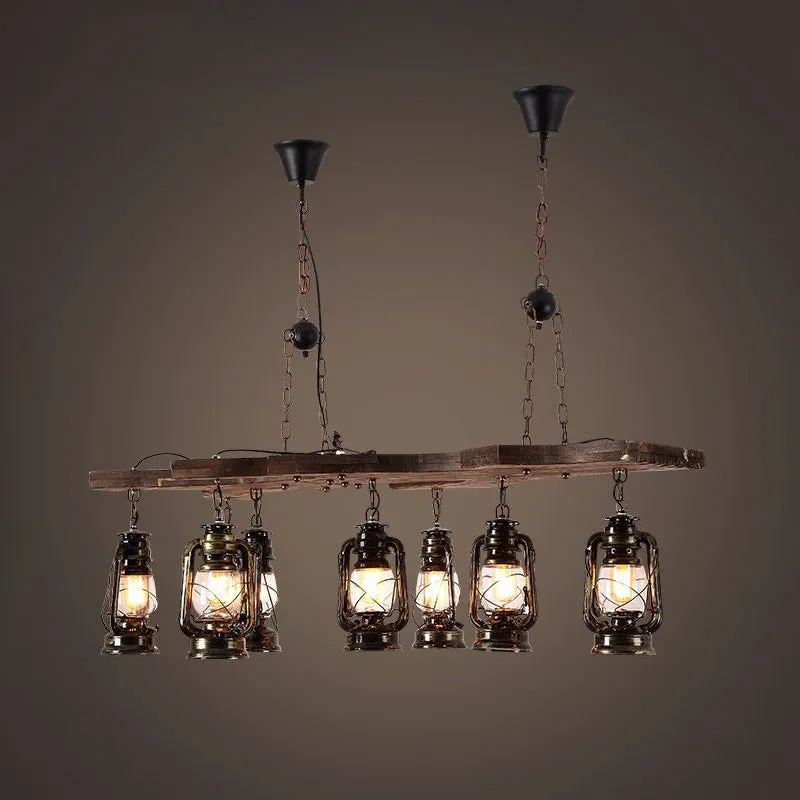 Lineaire kroonluchterlamp met lantaarnkap Industrieel metaal 8-lichts eilandverlichting antiek messing Clearhalo