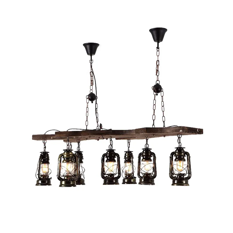 Lineaire kroonluchterlamp met lantaarnkap Industrieel metaal 8-lichts eilandverlichting antiek messing Clearhalo
