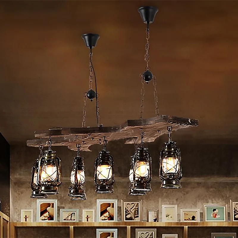Lineaire kroonluchterlamp met lantaarnkap Industrieel metaal 8-lichts eilandverlichting antiek messing Clearhalo