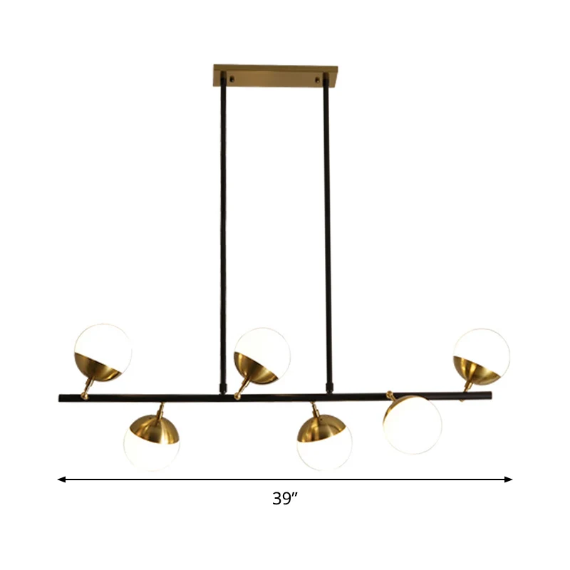 Lineaire metalen eilandplafondlamp Postmodern 6-lichts zwarte hanglampenset met opaalglazen kap Clearhalo