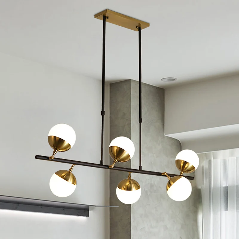 Lineaire metalen eilandplafondlamp Postmodern 6-lichts zwarte hanglampenset met opaalglazen kap Clearhalo