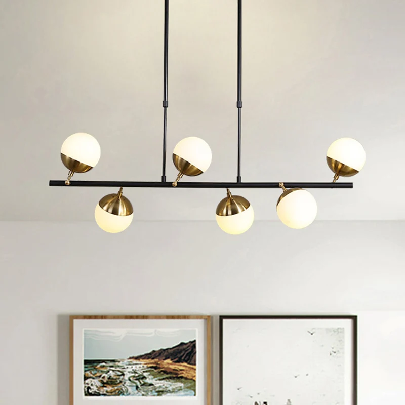 Lineaire metalen eilandplafondlamp Postmodern 6-lichts zwarte hanglampenset met opaalglazen kap Clearhalo
