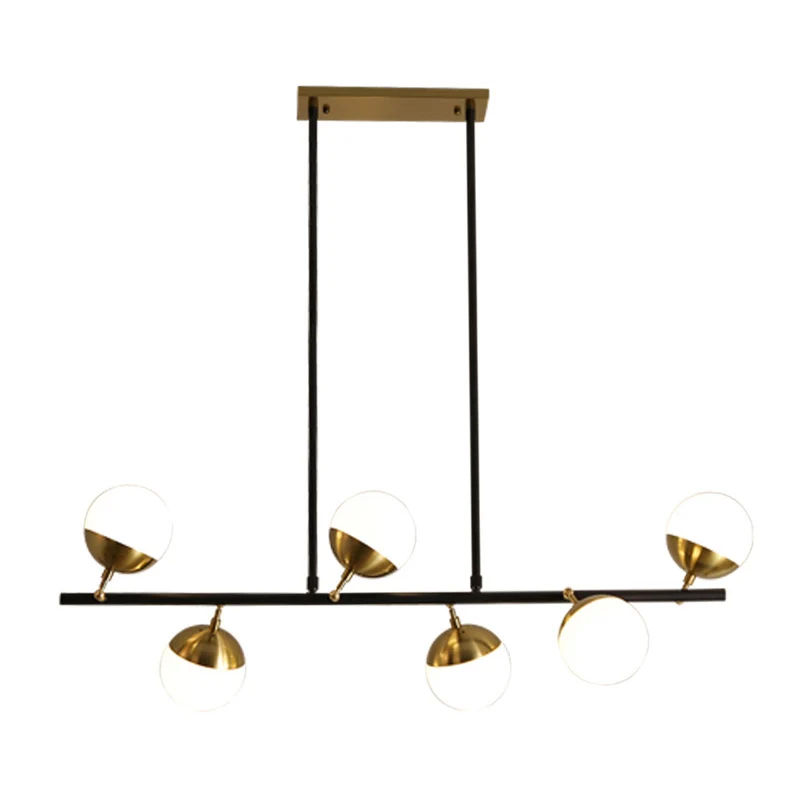 Lineaire metalen eilandplafondlamp Postmodern 6-lichts zwarte hanglampenset met opaalglazen kap Clearhalo