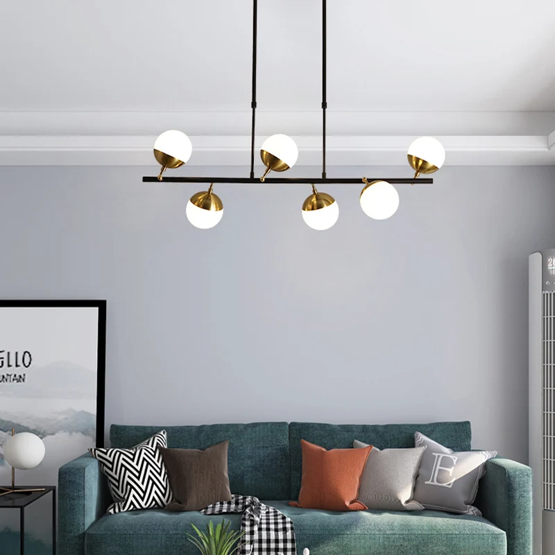 Lineaire metalen eilandplafondlamp Postmodern 6-lichts zwarte hanglampenset met opaalglazen kap Clearhalo