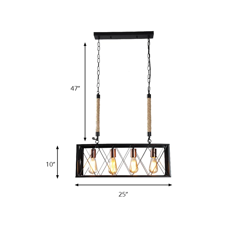 Lineaire metalen eilandverlichting met X-Cage schaduw Vintage industriële 4-lampen woonkamer eiland hanglamp zwart Clearhalo