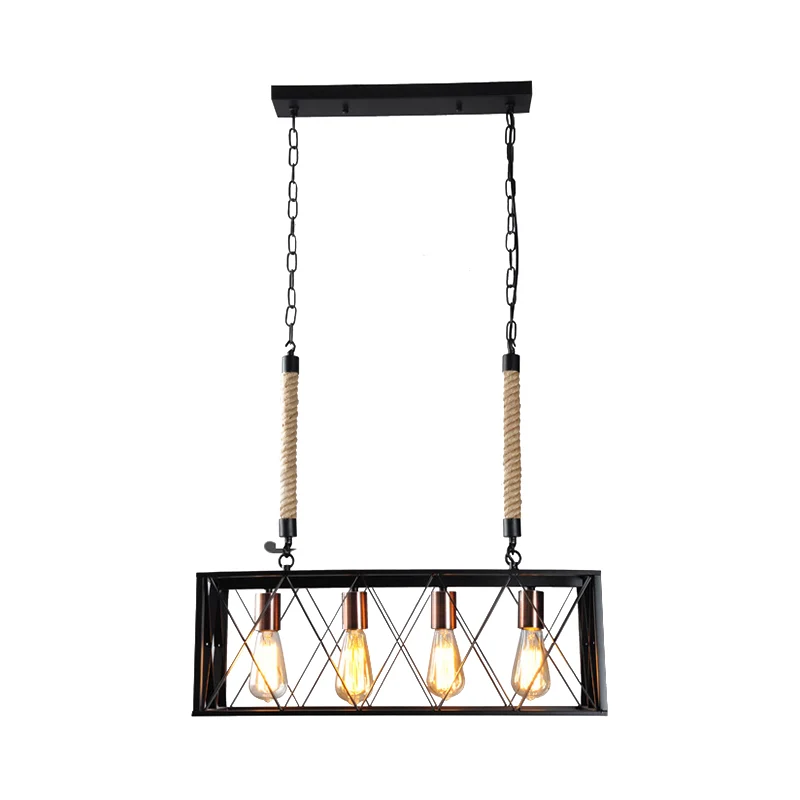 Lineaire metalen eilandverlichting met X-Cage schaduw Vintage industriële 4-lampen woonkamer eiland hanglamp zwart Clearhalo