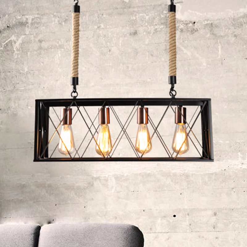 Lineaire metalen eilandverlichting met X-Cage schaduw Vintage industriële 4-lampen woonkamer eiland hanglamp zwart Clearhalo